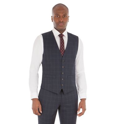 Navy check wool blend tailored fit waistcoat
